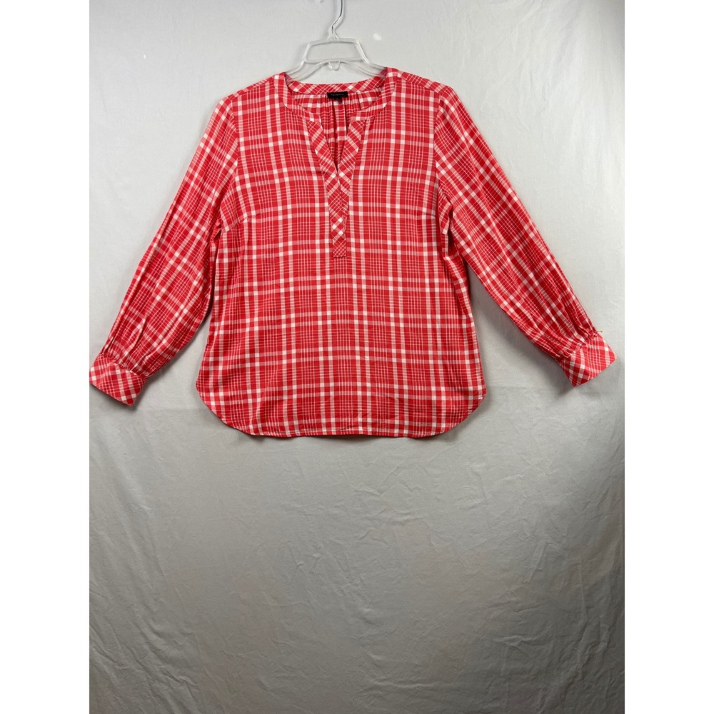 Talbots Plaid Blouse Womens Size L Red White Split Neck Cotton Rayon Henley Top